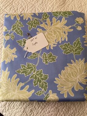 Blue Floral Fabric with Cream Chrysanthemum Print